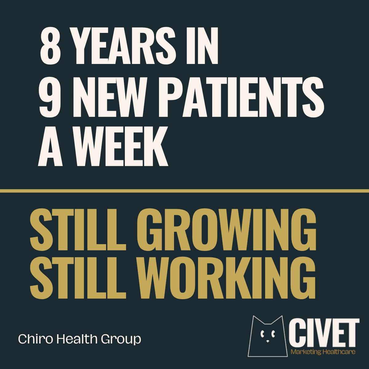 Chiro Health Group result: eight years in, nine new patients a week, still growing and still working