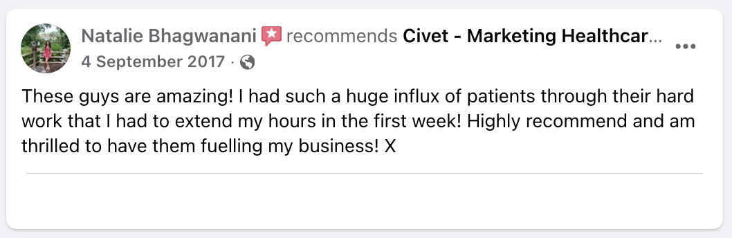 Facebook recommendation for Civet from Natalie Bhagwanani, dated 4 September 2017