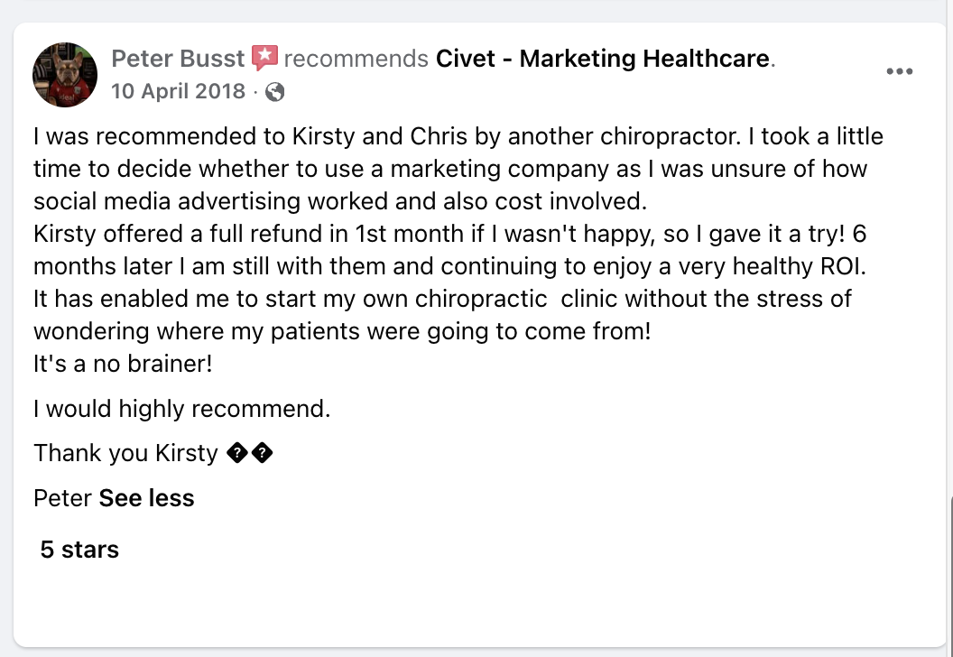 Facebook recommendation for Civet from chiropractor Peter Busst, dated 10 April 2018