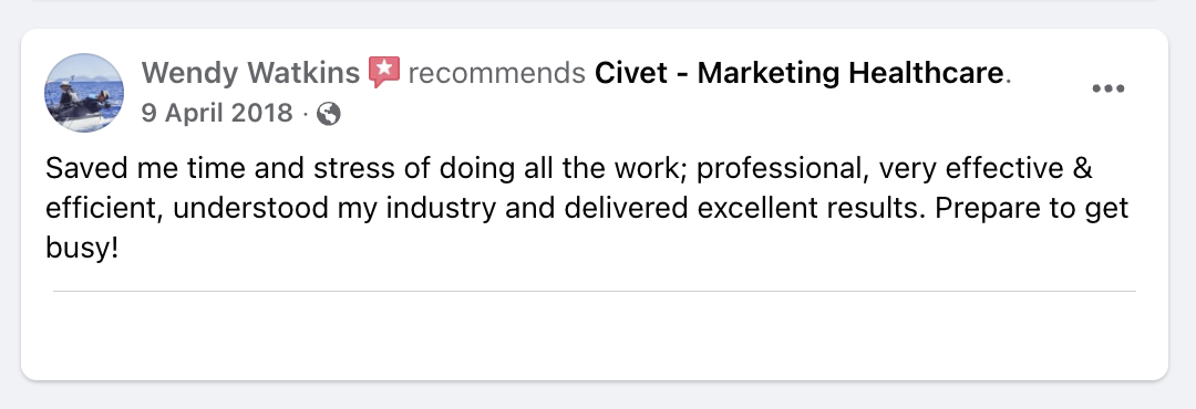 Facebook recommendation for Civet from Wendy Watkins, dated 9 April 2018